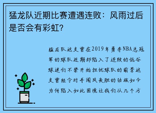 猛龙队近期比赛遭遇连败：风雨过后是否会有彩虹？